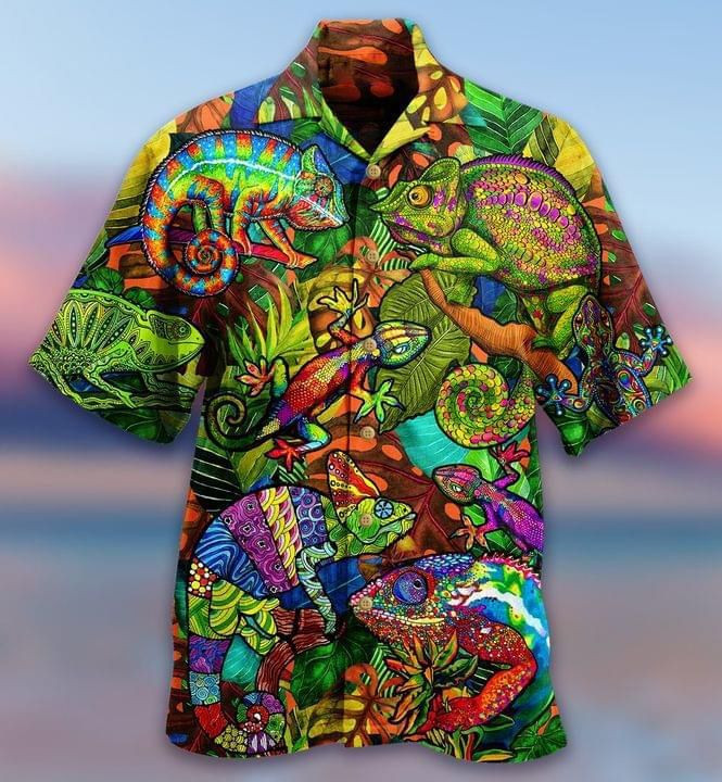 Chameleon Tropical Flowers Print Hawaiian Shirt