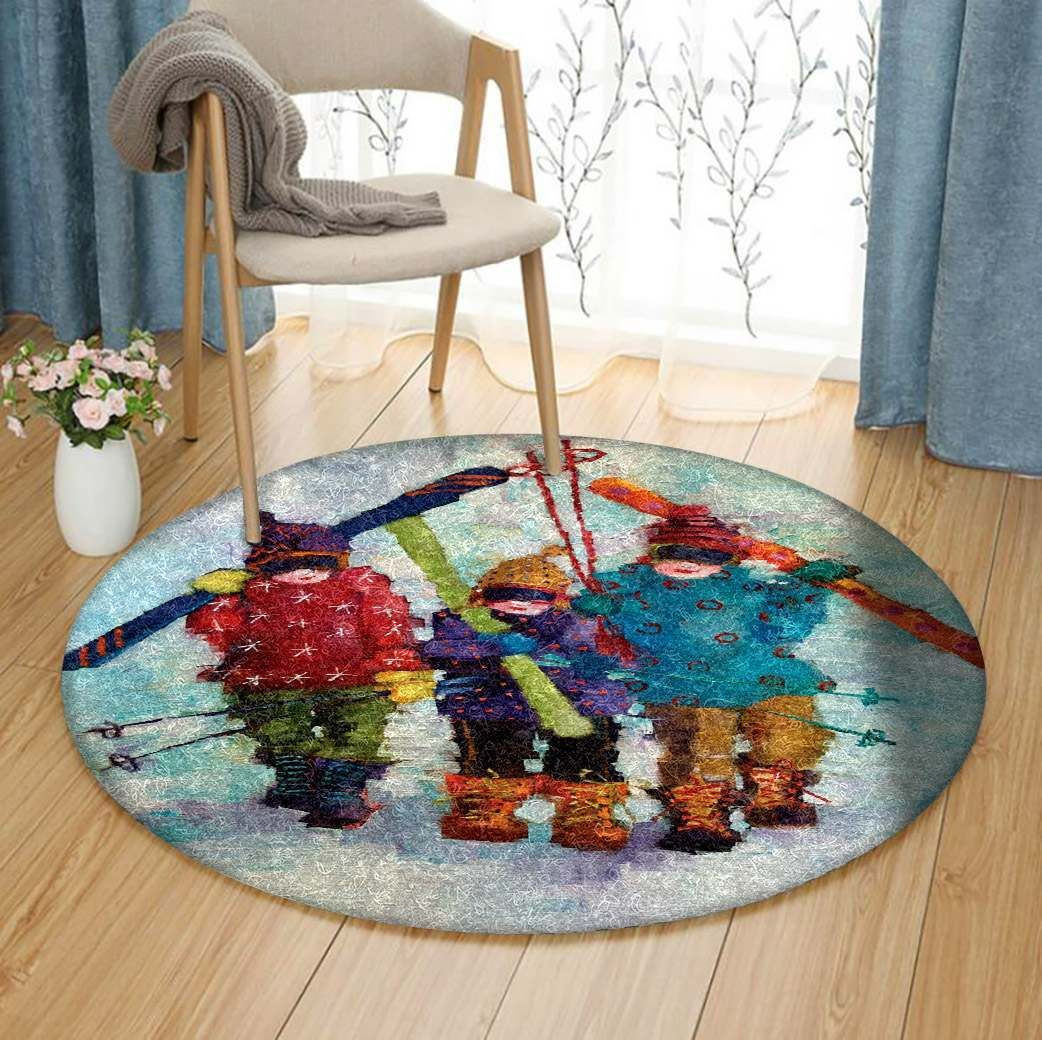 Children Skiing Round Rug Carpet Bedroom Livingroom Home Decor