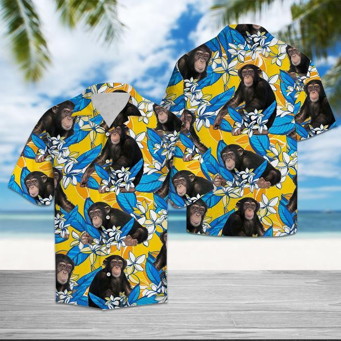 Chimpanzee Plumeria Flowers Hawaiian Shirt