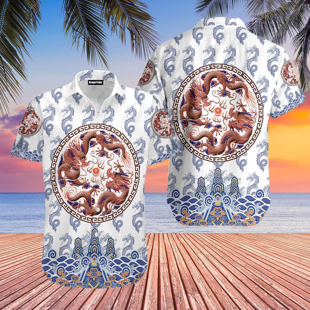 Chinoiserie Dragon White Hawaiian Shirt