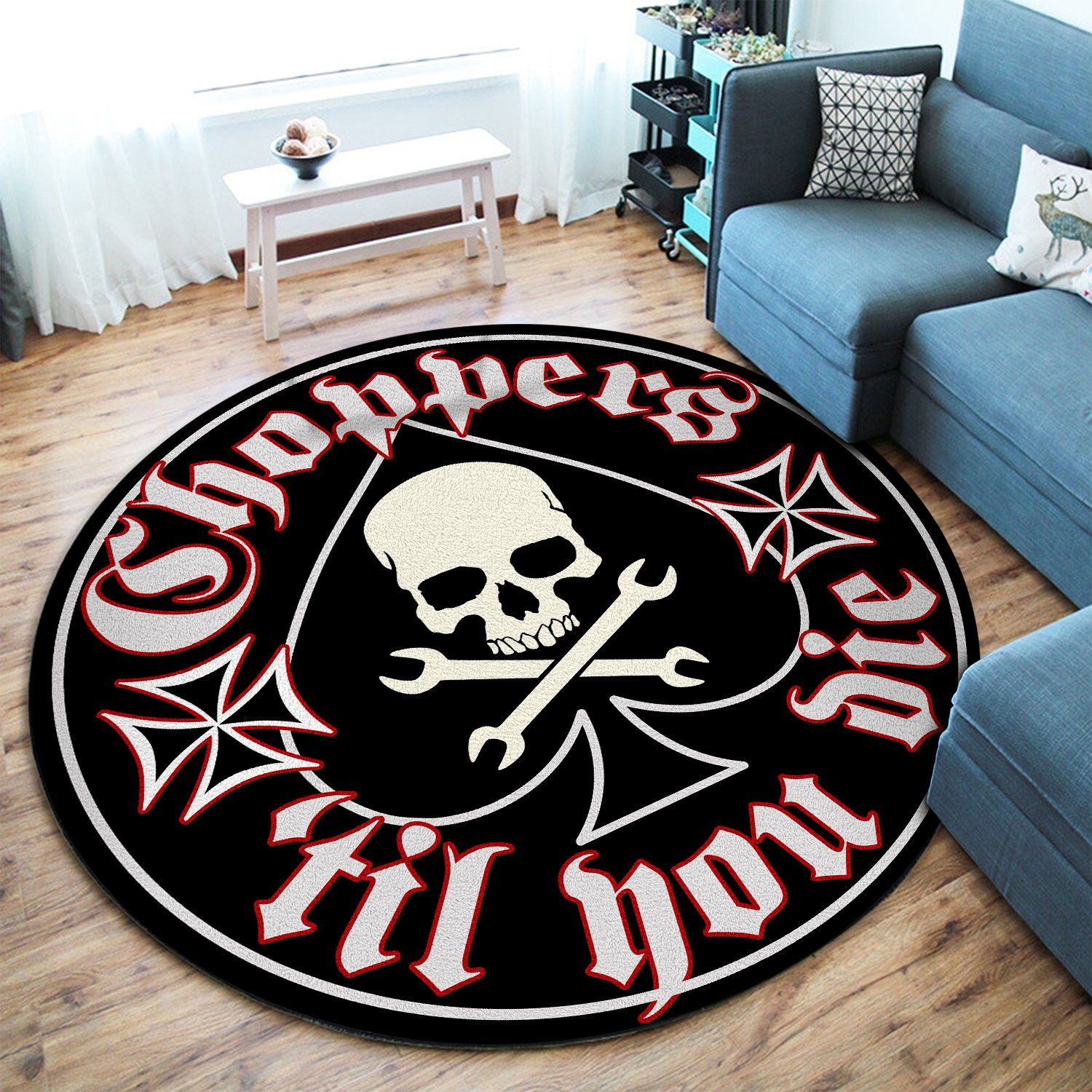 Choppers Till You Die Ace Iron Cross Round Rug Carpet Bedroom Livingroom Home Decor - Image 3