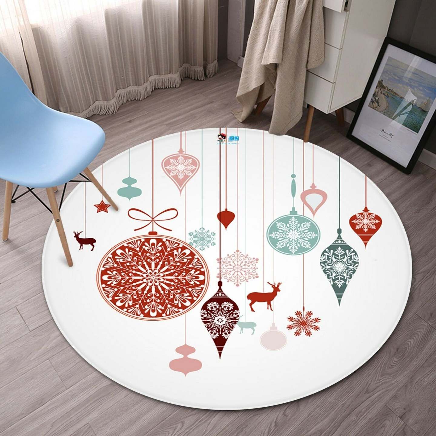 Christmas Ball And Deer Round Rug Carpet Bedroom Livingroom Home Decor