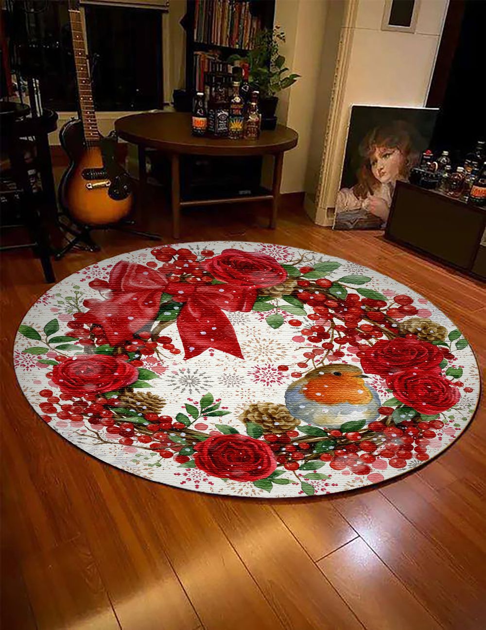 Christmas Bird Wreath Round Rug Carpet Bedroom Livingroom Home Decor