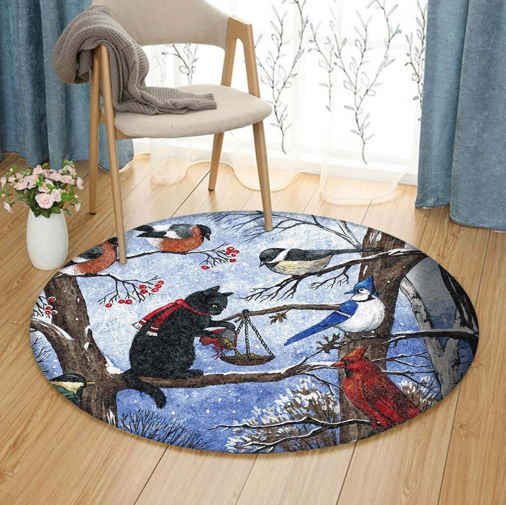 Christmas Cat And Bird Round Rug Carpet Bedroom Livingroom Home Decor