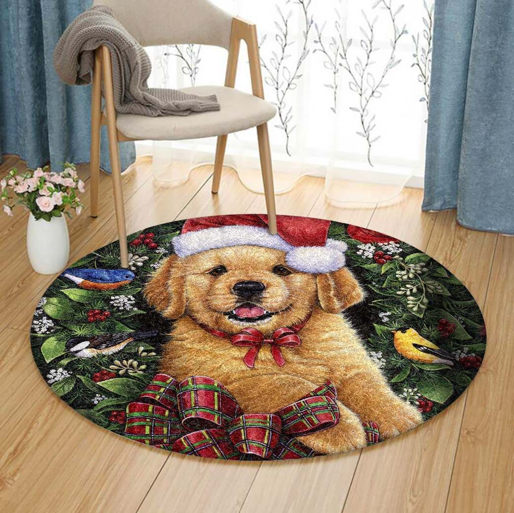 Christmas Golden Retriever Round Rug Carpet Bedroom Livingroom Home Decor