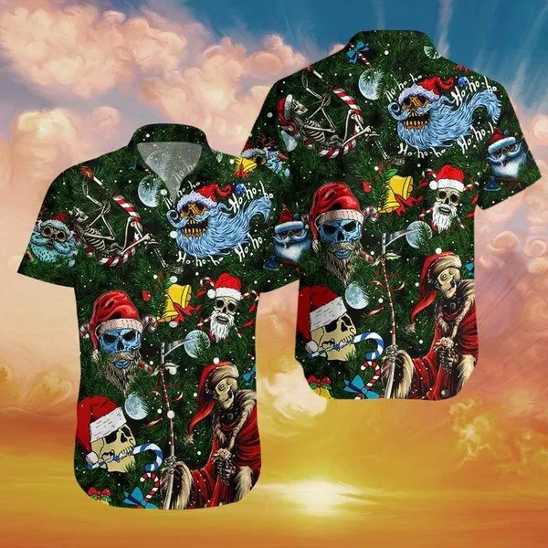 Christmas Ho Ho Ho Santa Skull Green Hawaiian Shirt