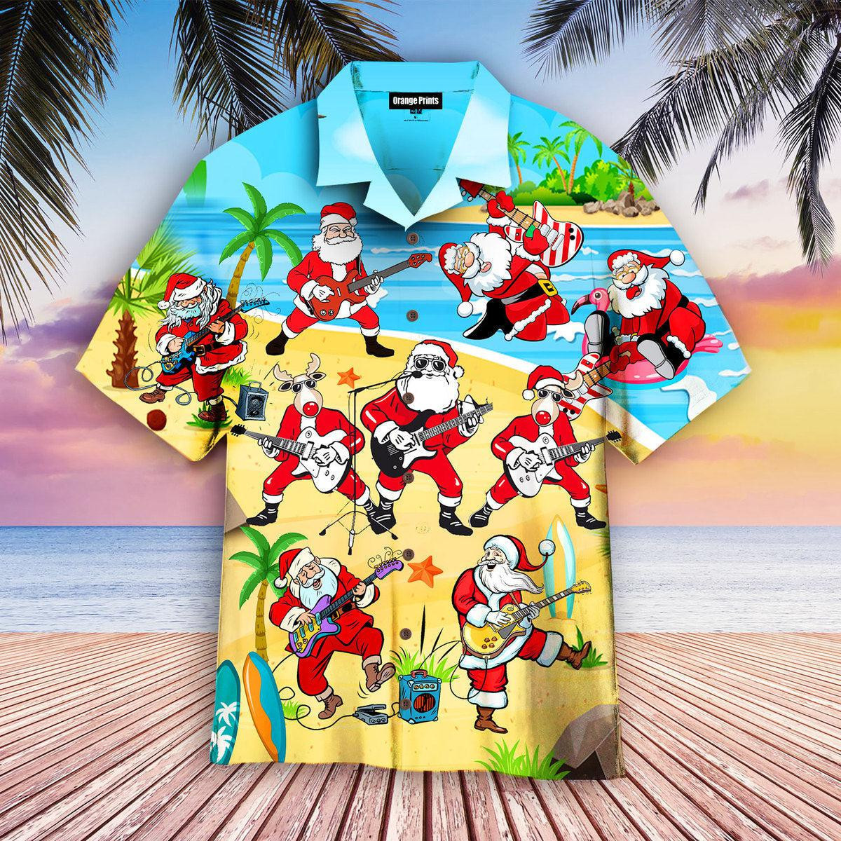 Christmas In July Santa Playing Guitar On Beach Hawaiian Shirt