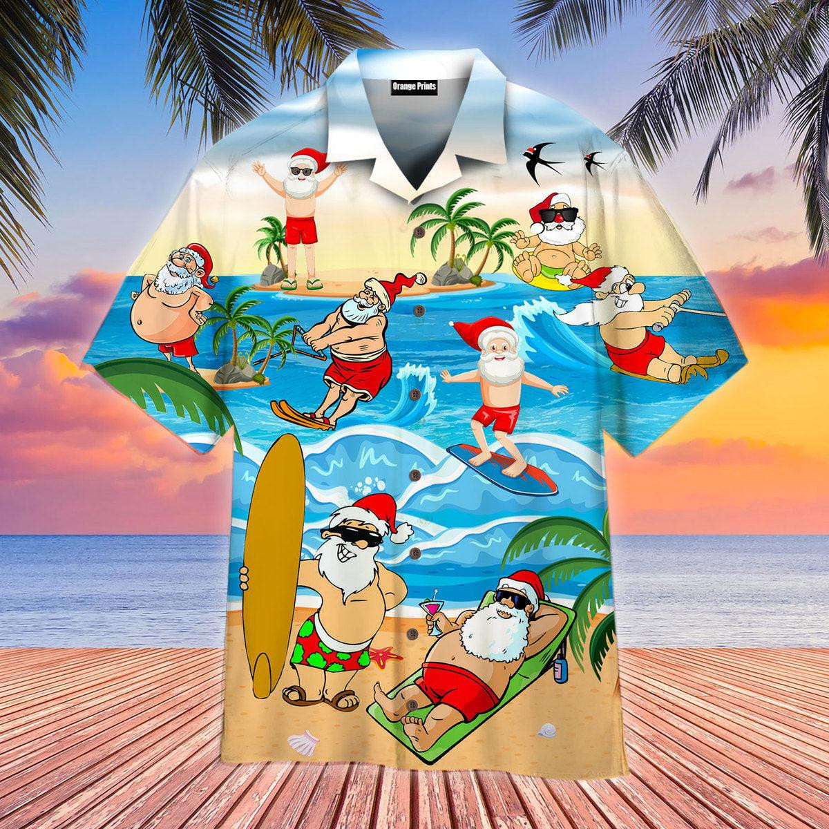 Christmas In July Santa Surfing On Beach Hawaiian Shirt