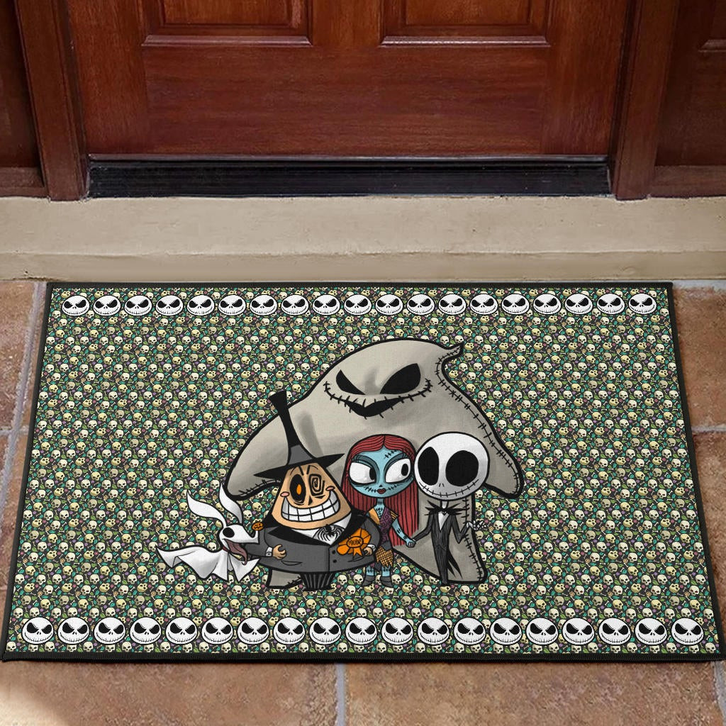 Christmas Rubber Doormat | Chibi Jack And Sally With Villains Oogie Skull Patterns Rubber Doormat Home Decor