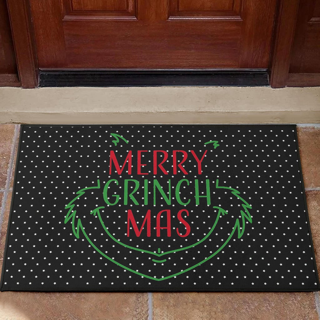 Christmas Rubber Doormat | Grinch Face From Text Merry Grinch Mas Rubber Doormat Home Decor