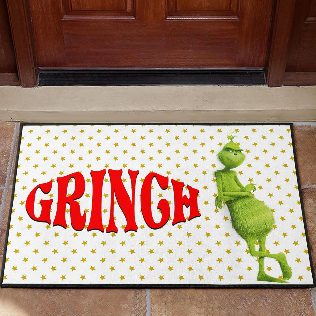 Christmas Rubber Doormat | Grinch Smiling Stand Up Against Text Twinkle Stars Rubber Doormat Home Decor NT101102