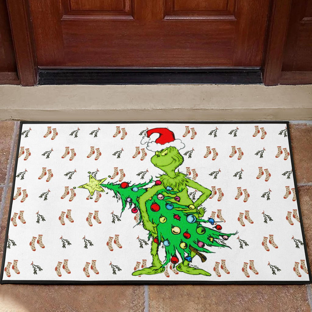 Christmas Rubber Doormat | Grinch Steal Xmas Tree Sock Patterns Rubber Doormat Home Decor