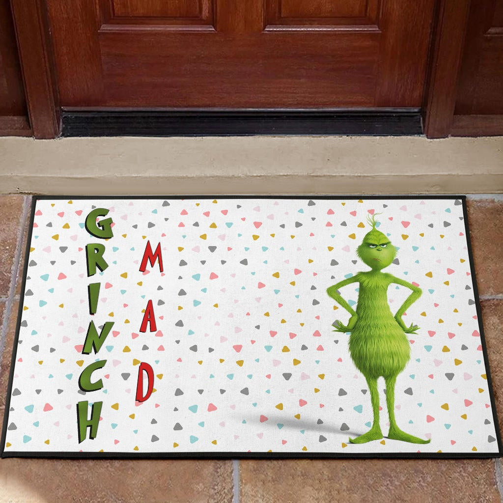 Christmas Rubber Doormat | Grumpy Grinch Mad Xmas Sweet Background Rubber Doormat Home Decor