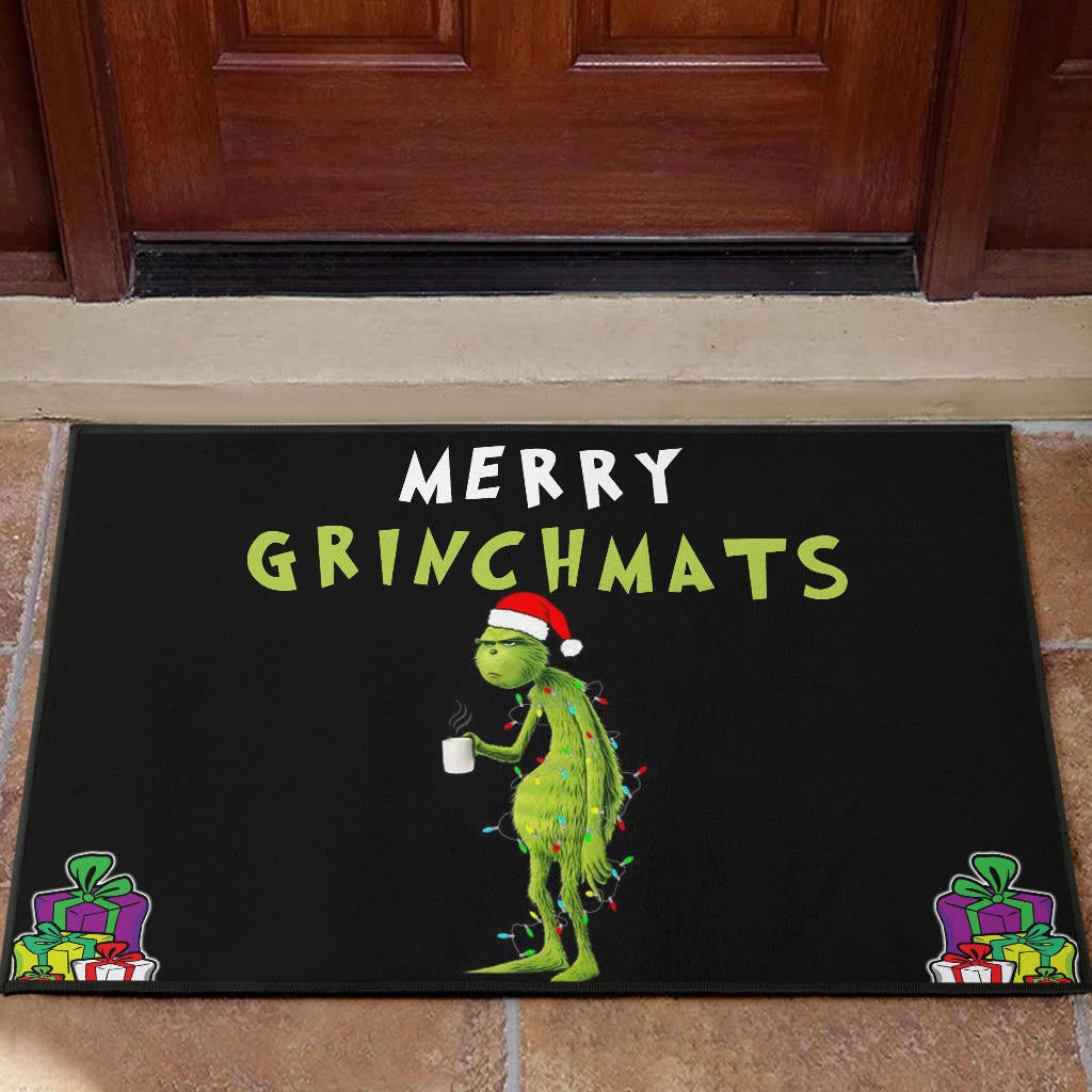 Christmas Rubber Doormat | Merry Grinchmats Grumpy Grinch WIth Lights And Coffee Rubber Doormat Home Decor NA100401