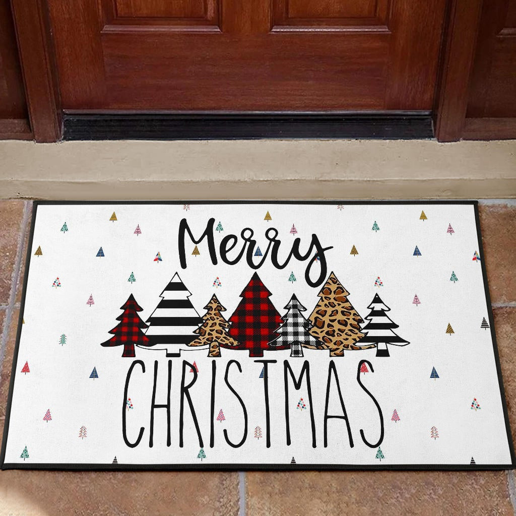 Christmas Rubber Doormat | Merry Xmas Fabric Pattern Pine Tree Rubber Doormat Home Decor