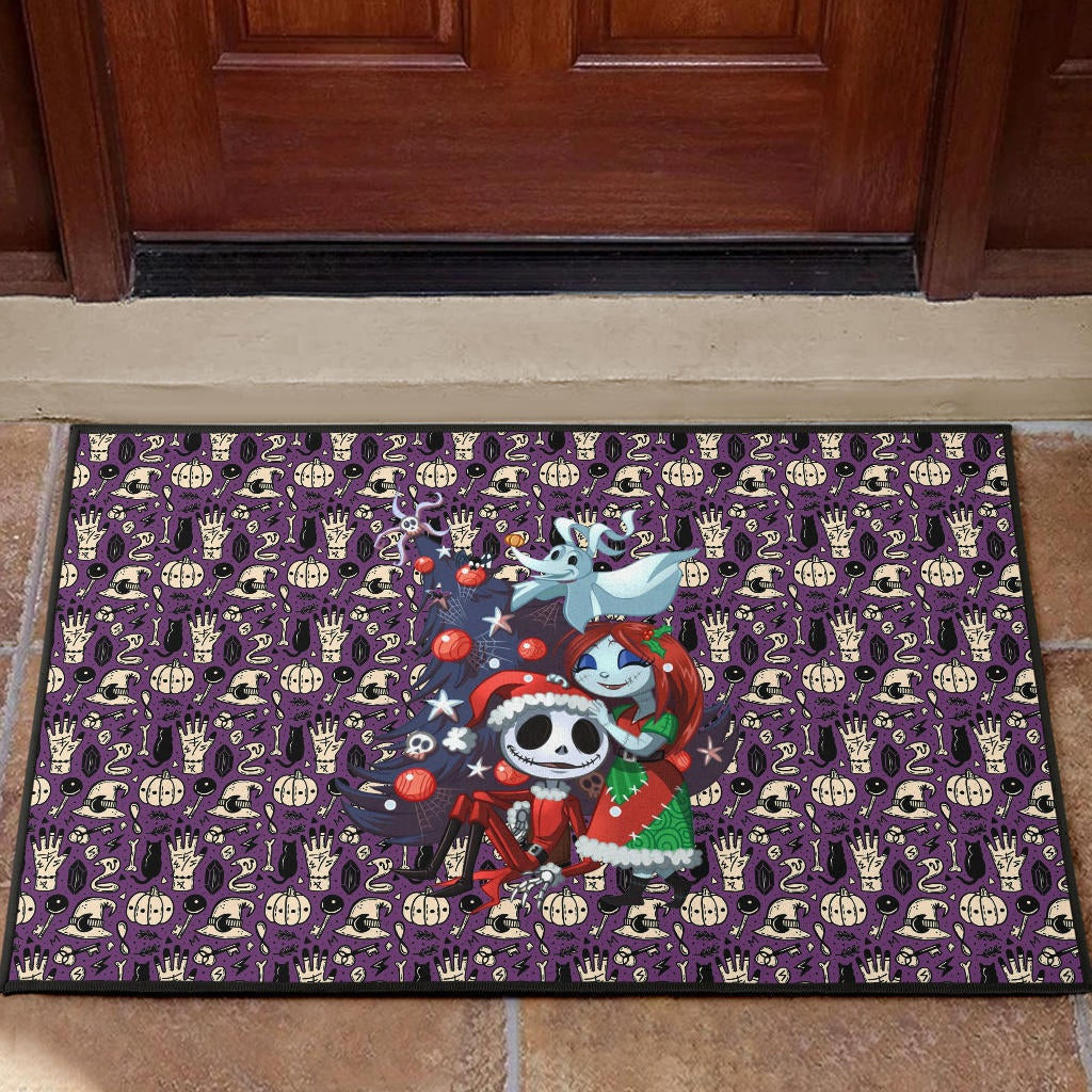 Christmas Rubber Doormat | Nightmare Before Christmas Cartoon Jack And Sally Xmas Clothes Patterns Rubber Doormat Home Decor