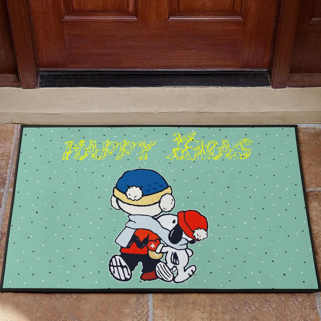 Christmas Rubber Doormat | Snoopy And Charlie Brown Walking Snowing Rubber Doormat Home Decor