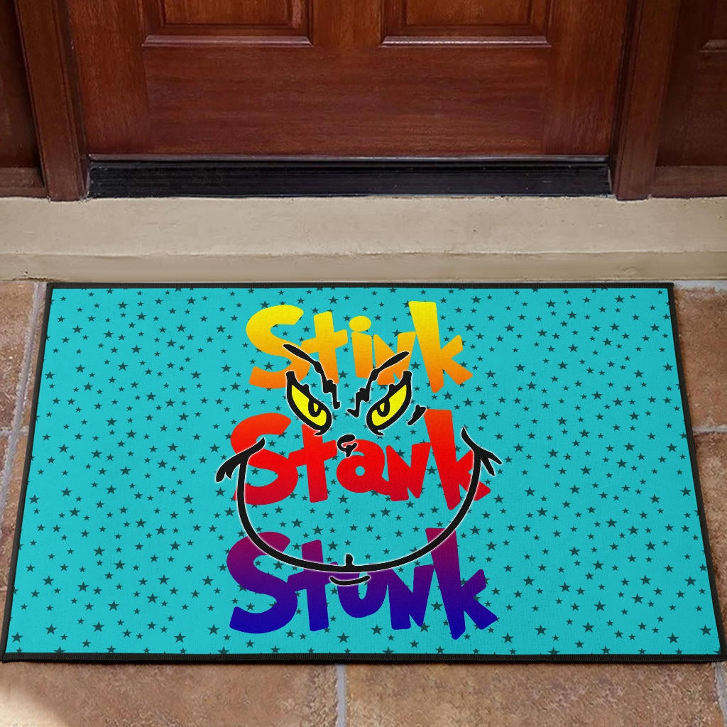 Christmas Rubber Doormat | Stink Stank Stunk Grinch Face Minimal Stars Rubber Doormat Home Decor