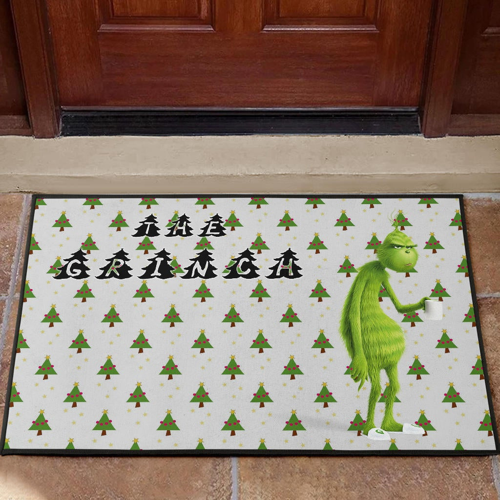 Christmas Rubber Doormat | The Grumpy Grinch Drink Coffee Xmas Tree Patterns Rubber Doormat Home Decor