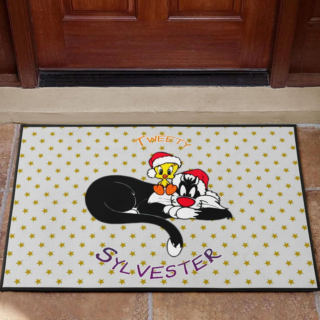 Christmas Rubber Doormat | Tweety Sitting On Sylvester Star Patterns Rubber Doormat Home Decor