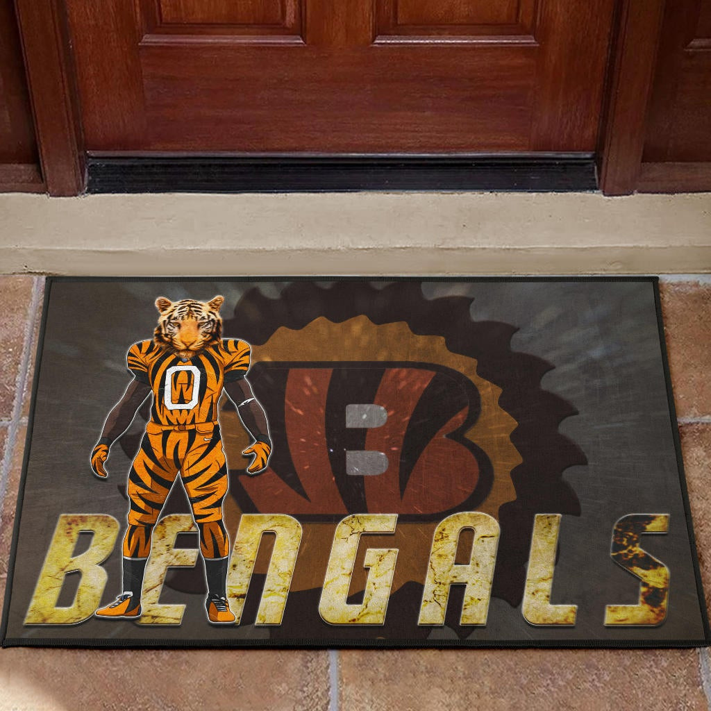 Cincinnati Bengals American Football Bengals Player Wearing Tiger Suit Bengal Head Rubber Doormat Home Decor