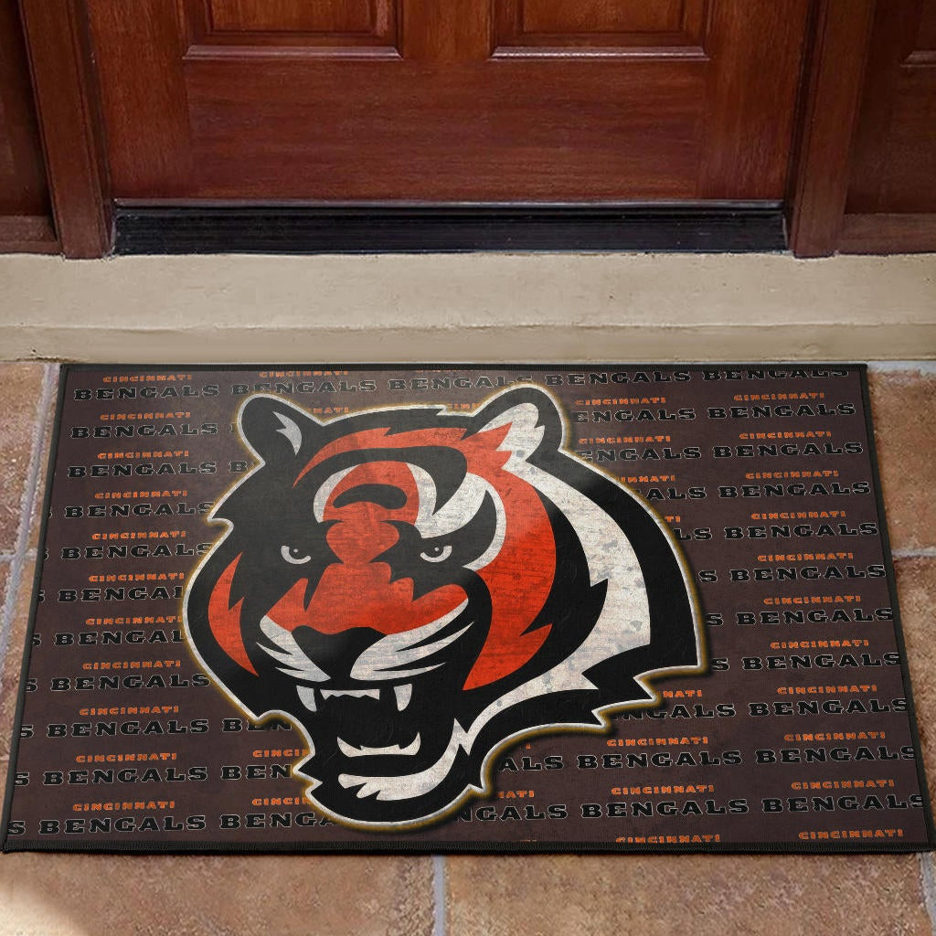 Cincinnati Bengals American Football Team Rubber Doormat Bengal Head Grr Text Patterns Background Rubber Doormat Home Decor
