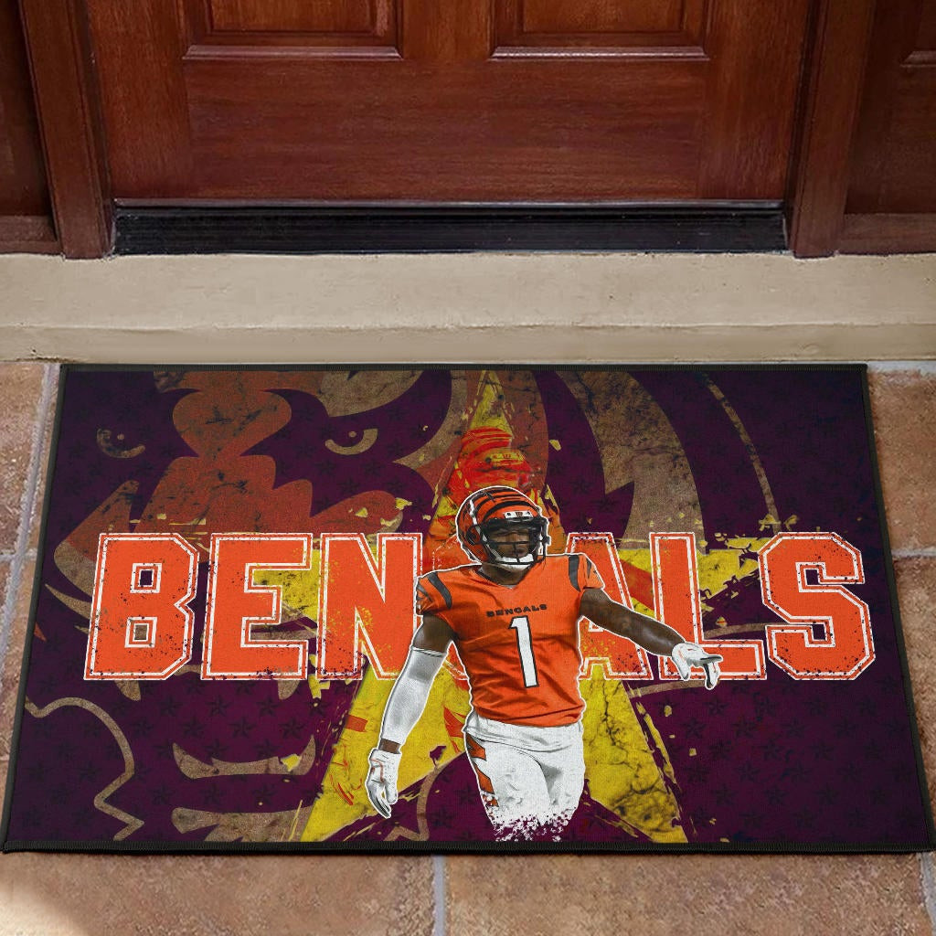 Cincinnati Bengals American Football Team Rubber Doormat Ja'Marr Chase Yellow Star Grrr Bengal Rubber Doormat Home Decor