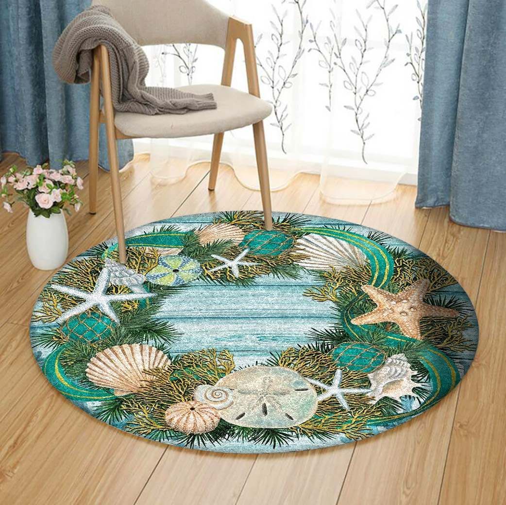 Coastal Wreath Merry Christmas Garden Round Rug Carpet Bedroom Livingroom Home Decor