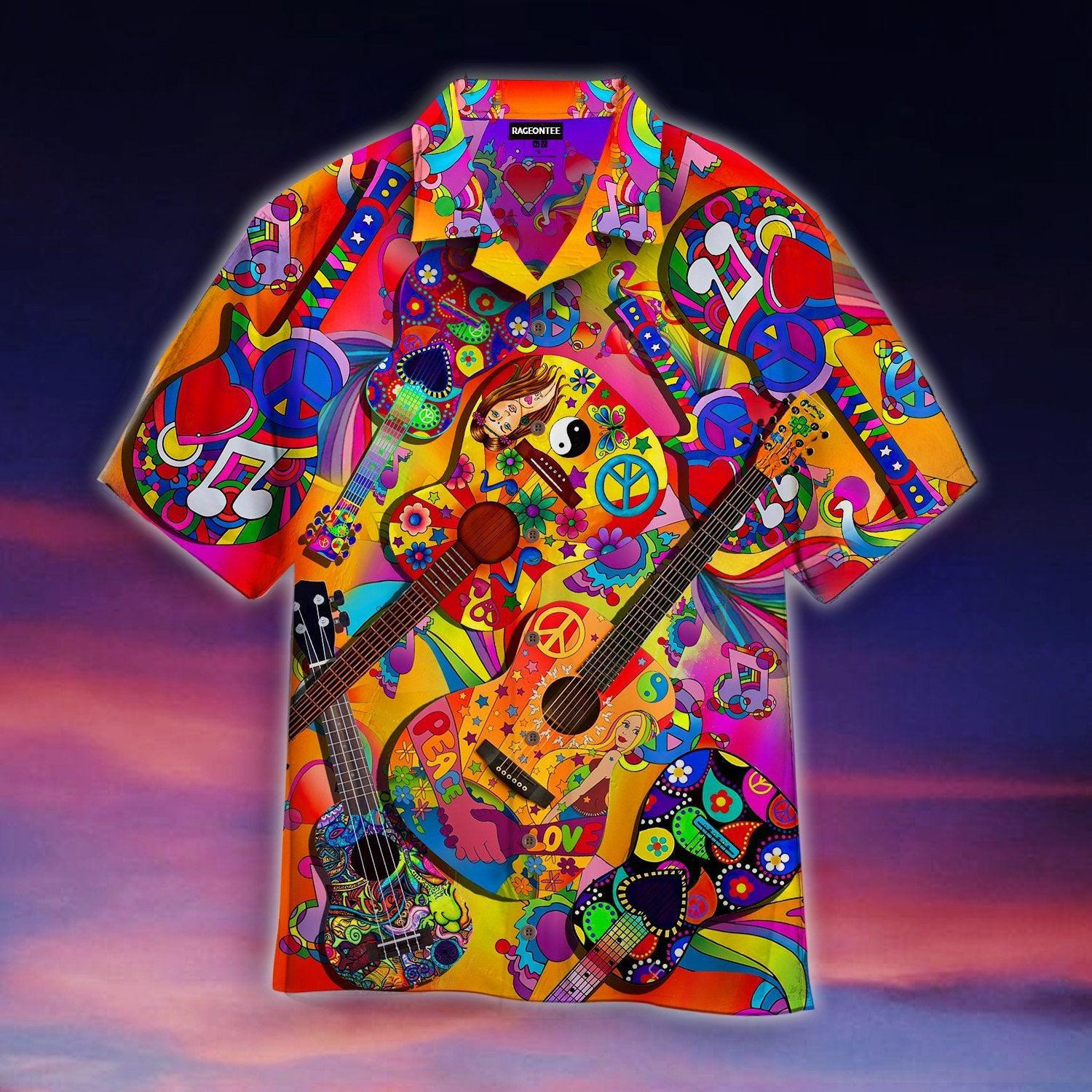 Colorful Guitar Hippie Love Music Hawaiian Shirt