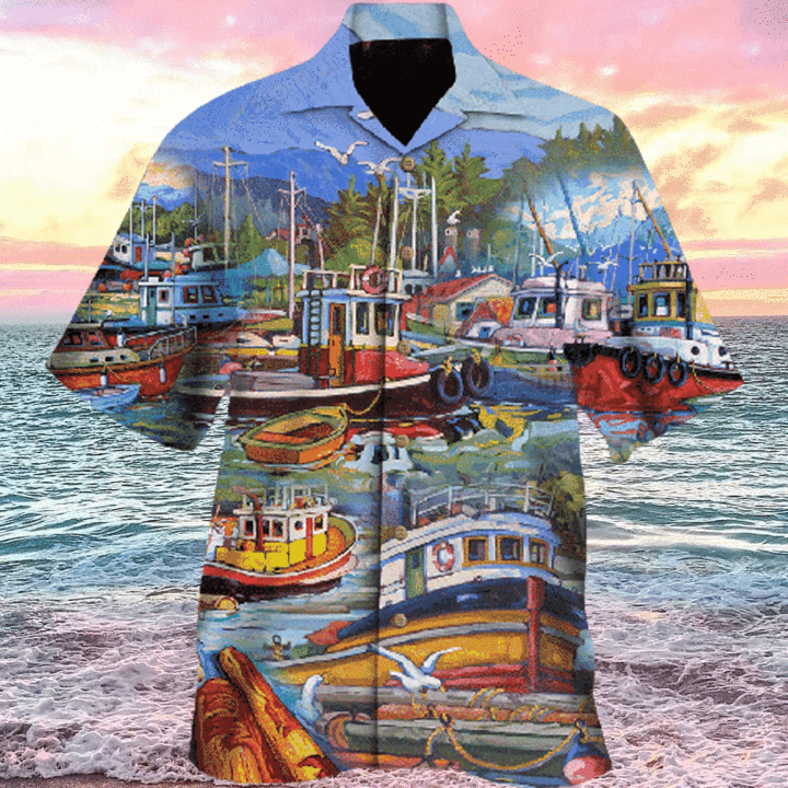 Colorful Ships In The Port Hawaiian Shirt