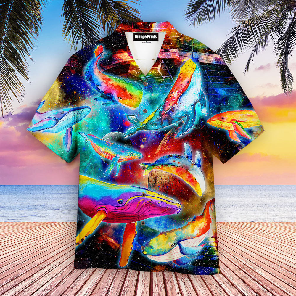 Colorful Whales Dancing In The Galaxy Neon Hawaiian Shirt