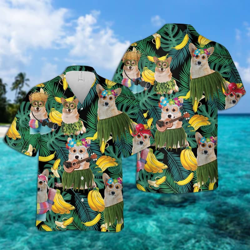 Corgi Dog Dog Summer Leaves Banana Hawaiian Shirt