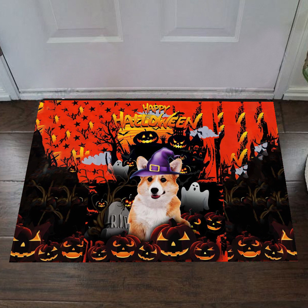 Corgi Happy Halloween Rubber Doormat Cute Halloween Door Decorating Ideas Gifts For Corgi Lovers