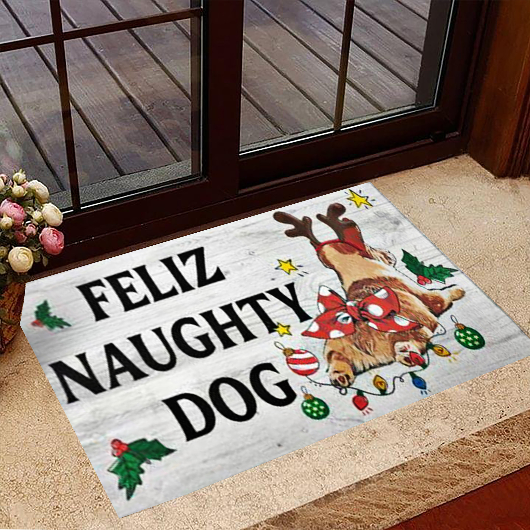 Corgi Reindeer Feliz Naughty Dog Merry Christmas Door Mat Rubber Doormat