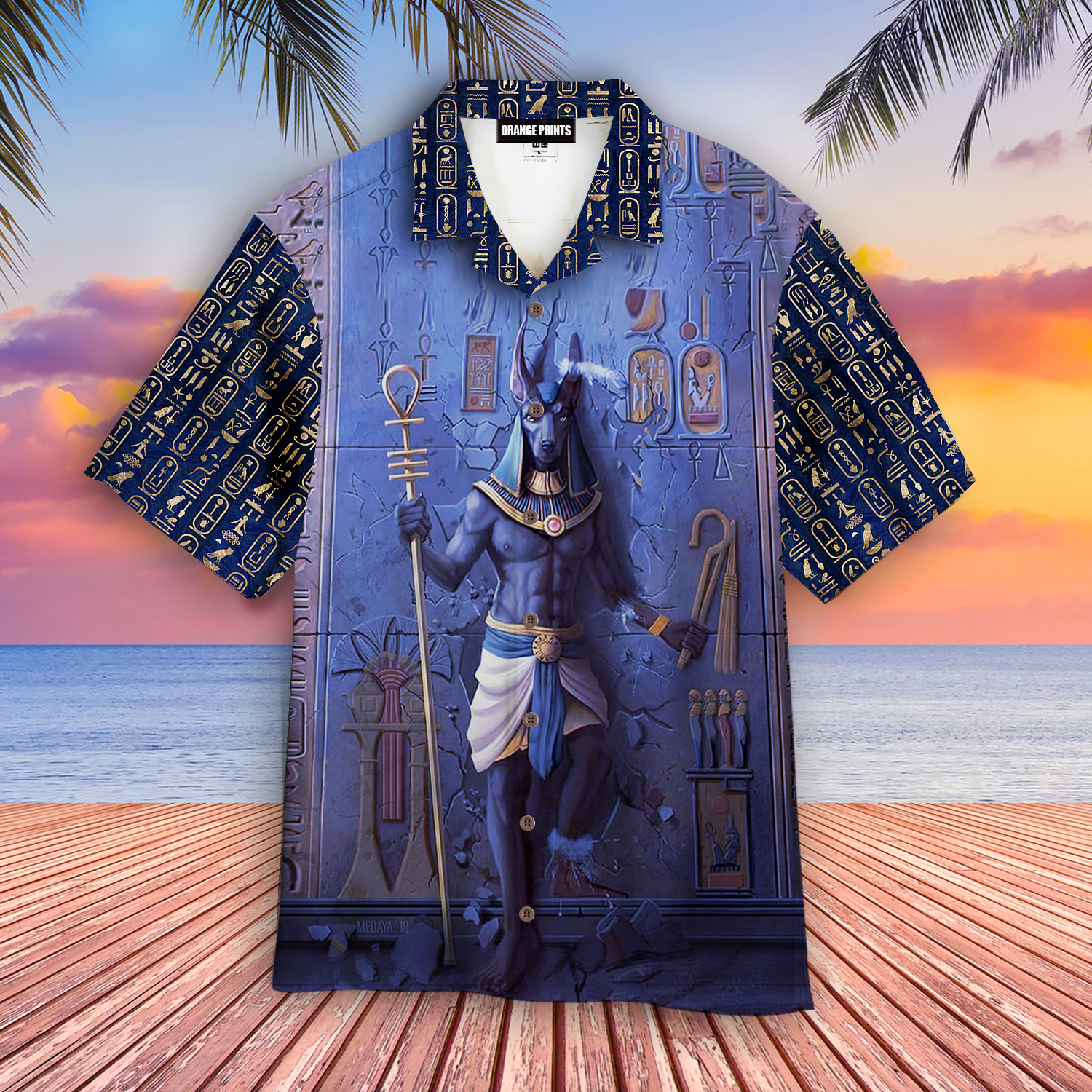 Cosmos Horus Pharaon Anubis Face Blue Hawaiian Shirt