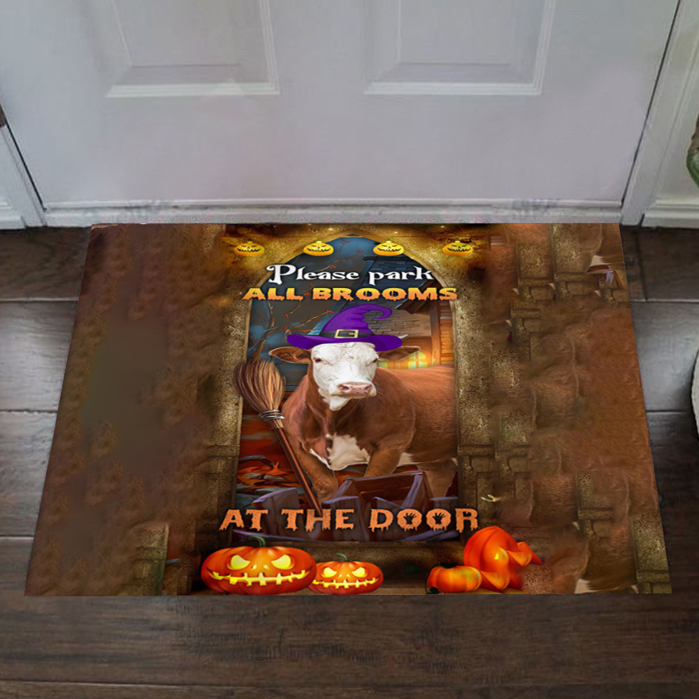 Cow Please Park All Brooms At The Door Rubber Doormat Holiday Halloween Welcome Mats For Farmhouse