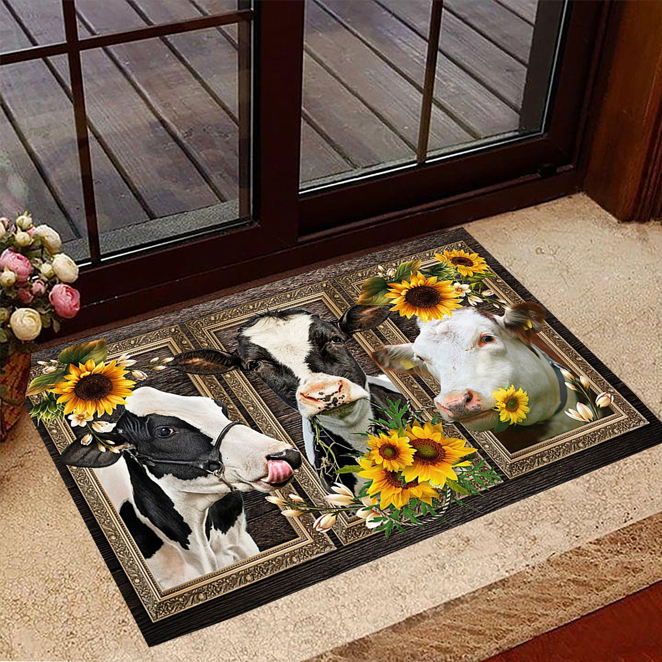 Cow Sunflower Rubber Doormat Indoor Decorative Rubber Doormat Print Cow Themed Gifts
