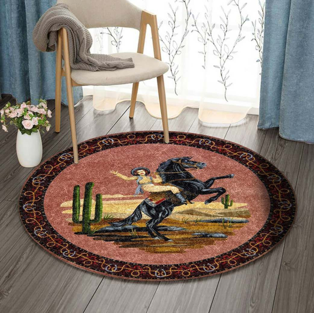 Cowboy And Horse Round Rug Carpet Bedroom Livingroom Home Decor