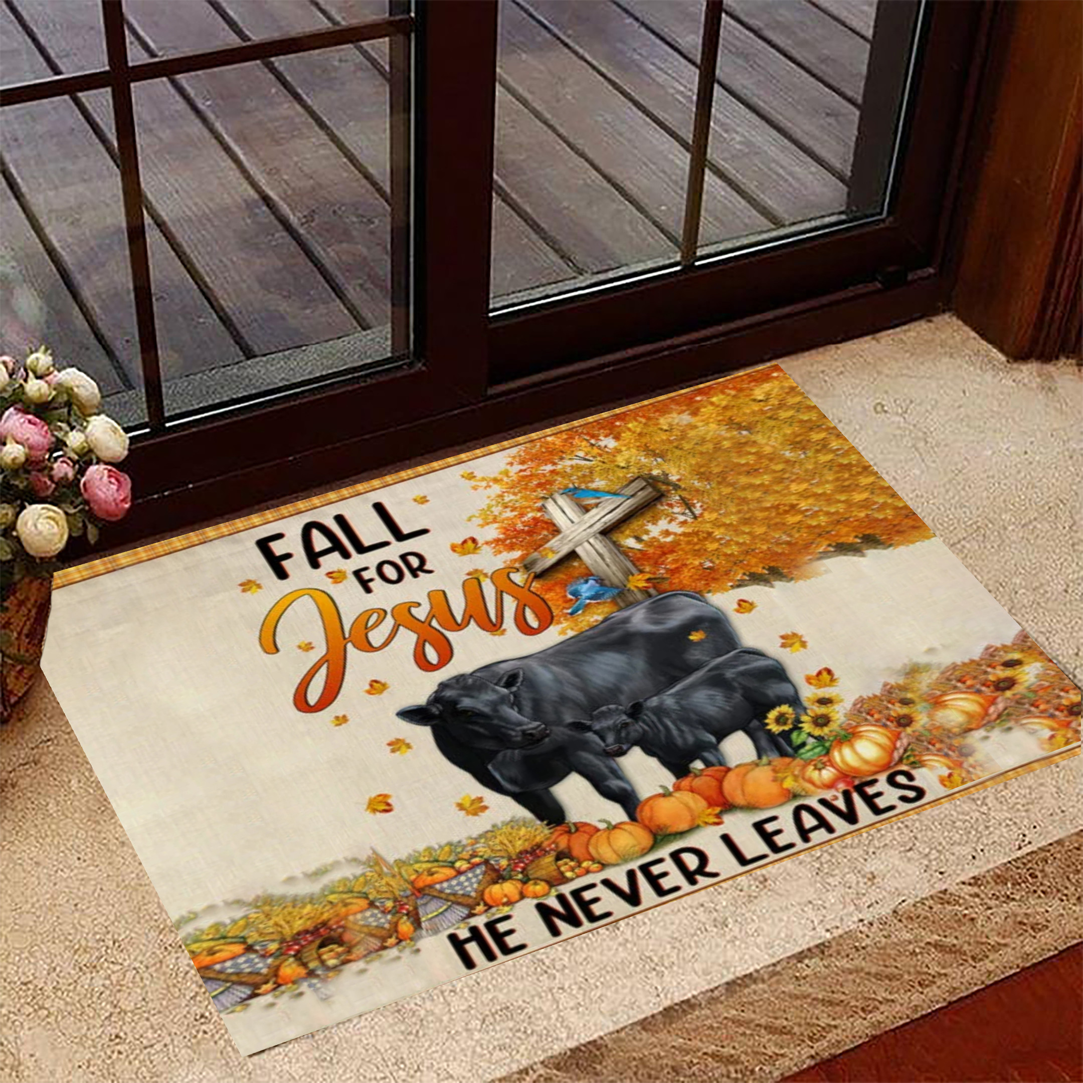 Cows Fall For Jesus He Never Leaves Rubber Doormat Fall Front Door Mats Farmhouse Cow Decor