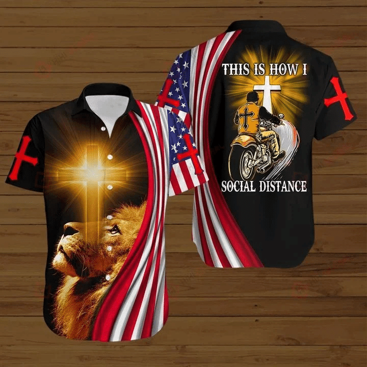 Cross Lion American Flag Biker This Is How I Social Distance Hawaiian Shirt