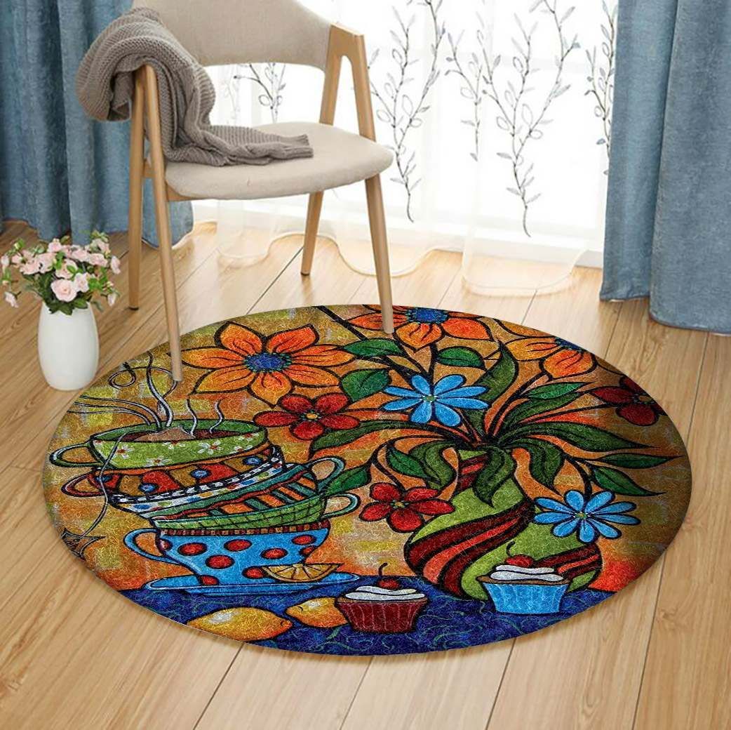 Cup Of Tea And Flower Round Rug Carpet Bedroom Livingroom Home Decor