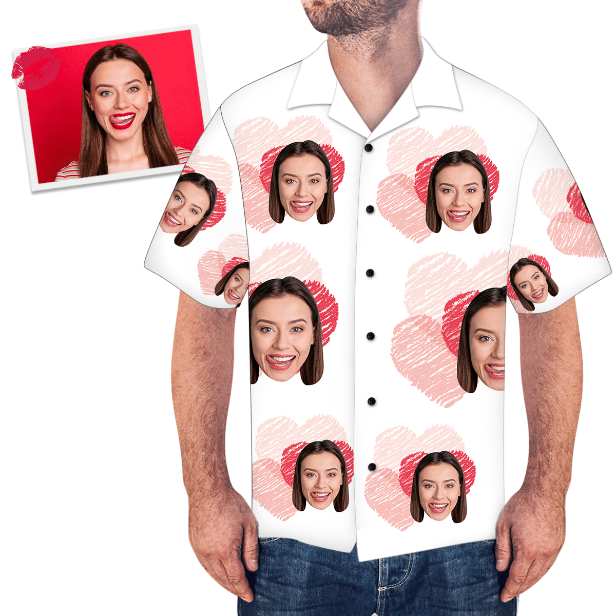 Custom Face Love Heart Men's Valentine Custom Photo Hawaiian Shirt