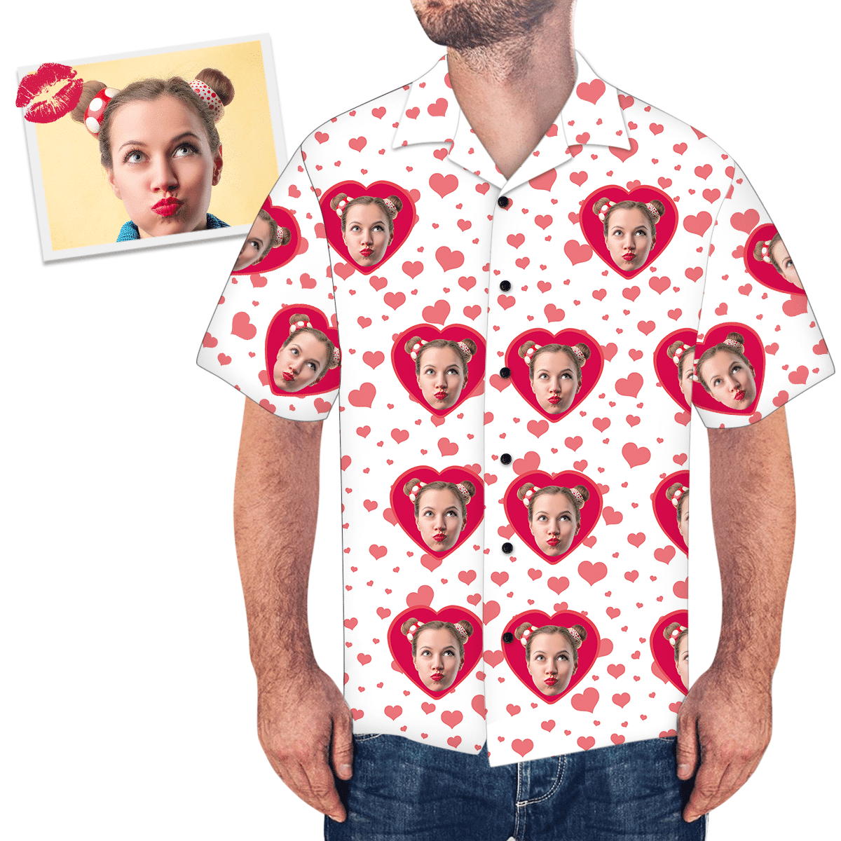 Custom Face Loving Valentine Couple Men's Face Tree And Leaves Love Heart Men's Hawaiian Shirt