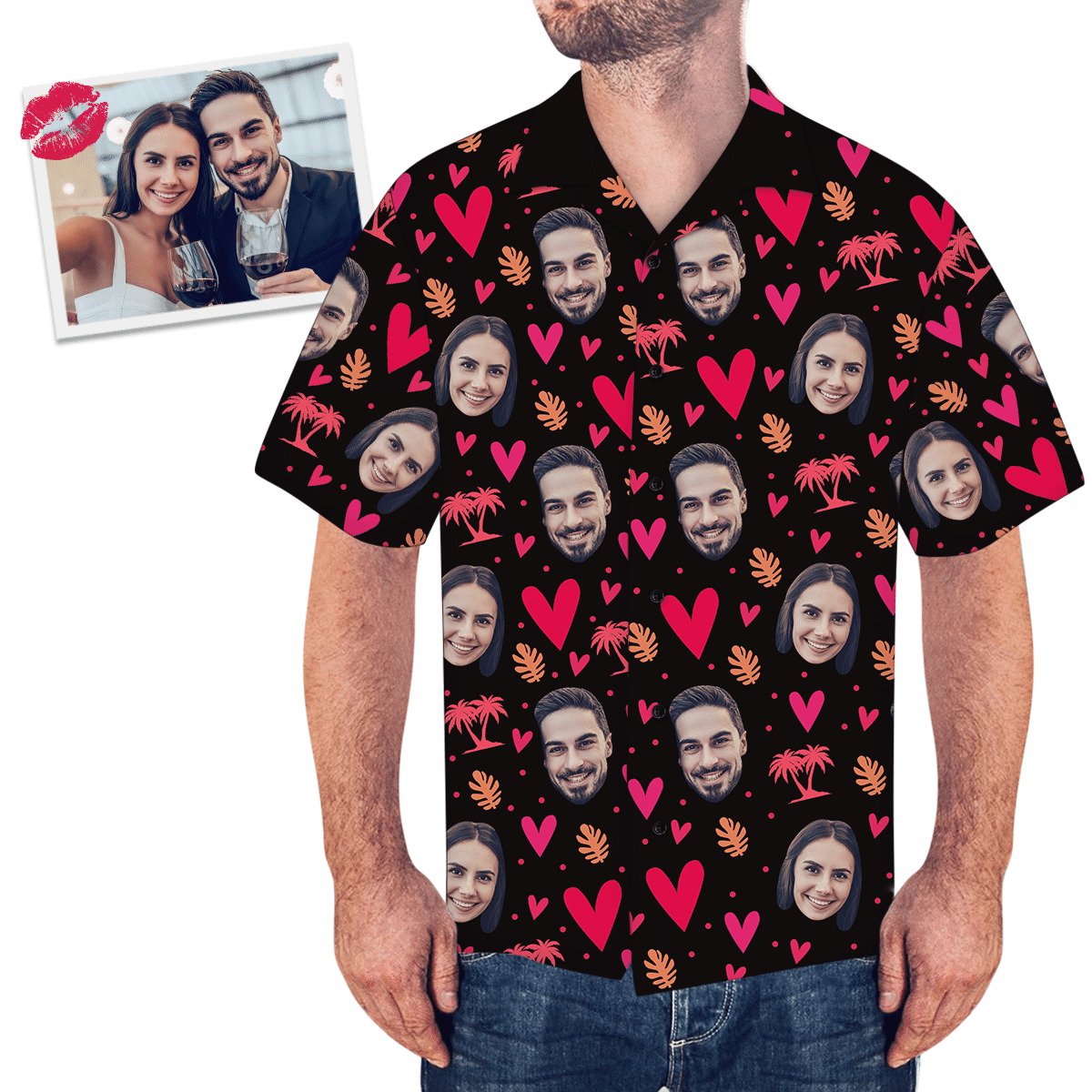 Custom Face Tree And Leaves Love Heart Men's Valentine Custom Photo Hawaiian Shirt