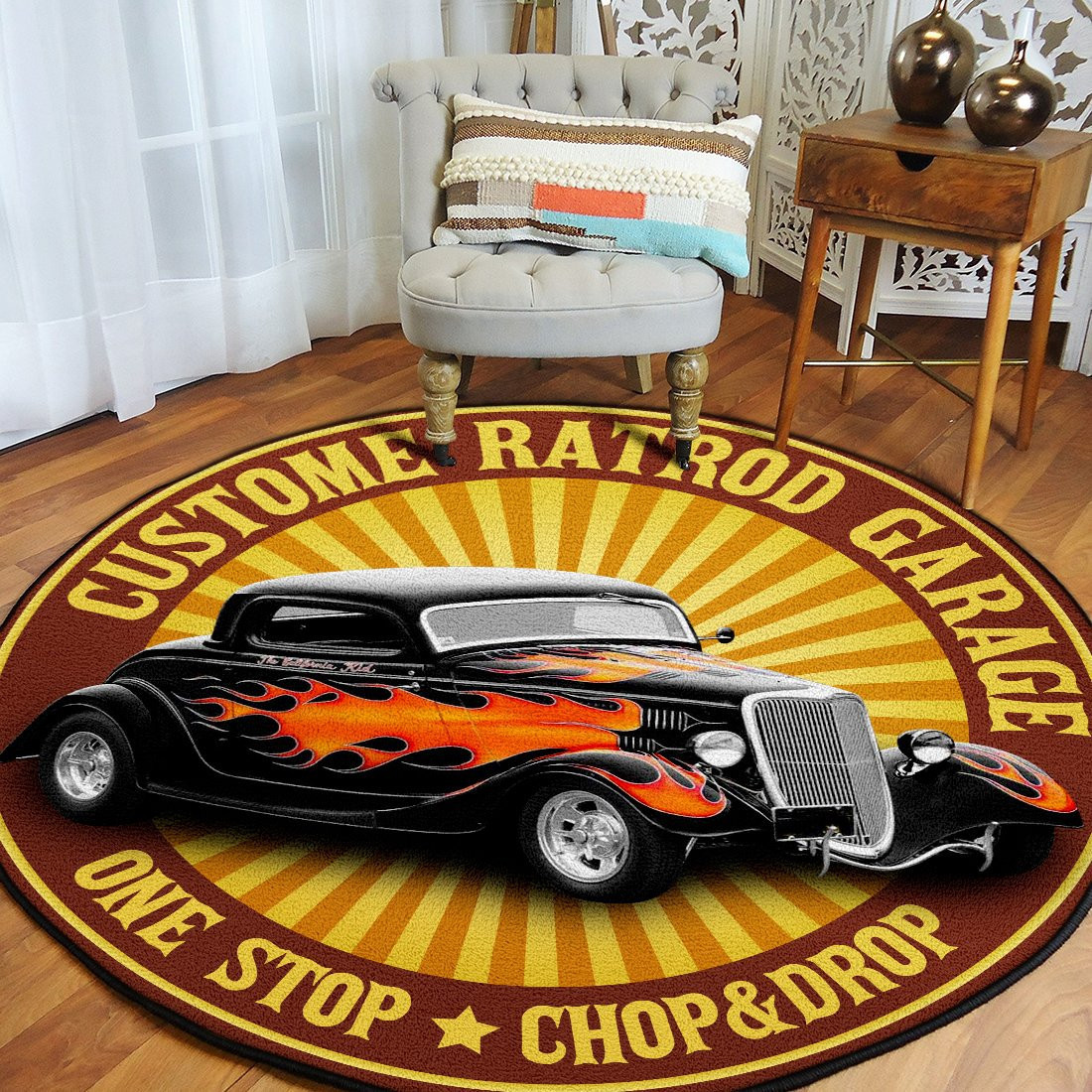 Custom Rat Rod Garage Round Rug Carpet Bedroom Livingroom Home Decor - Image 3