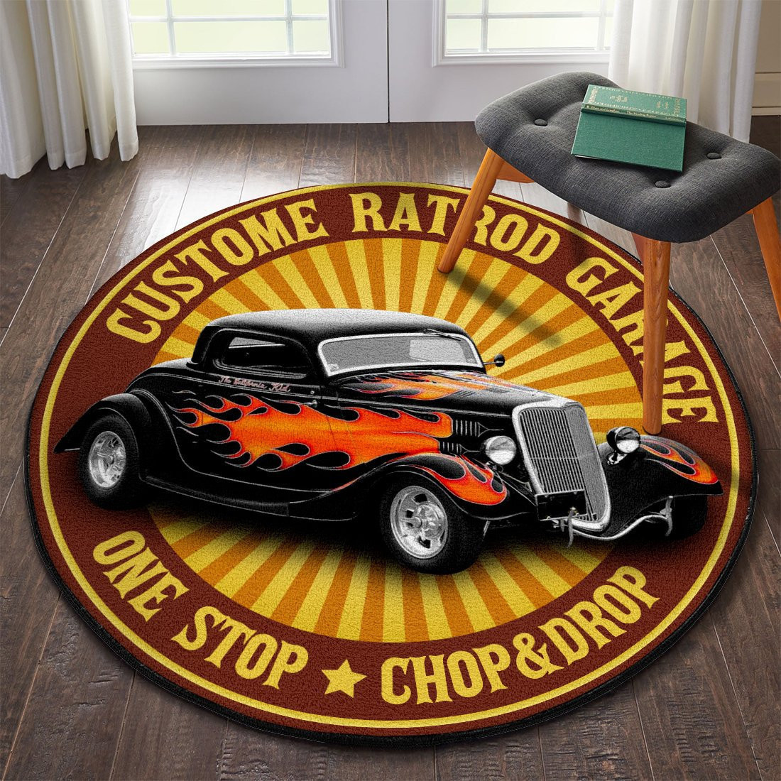 Custom Rat Rod Garage Round Rug Carpet Bedroom Livingroom Home Decor