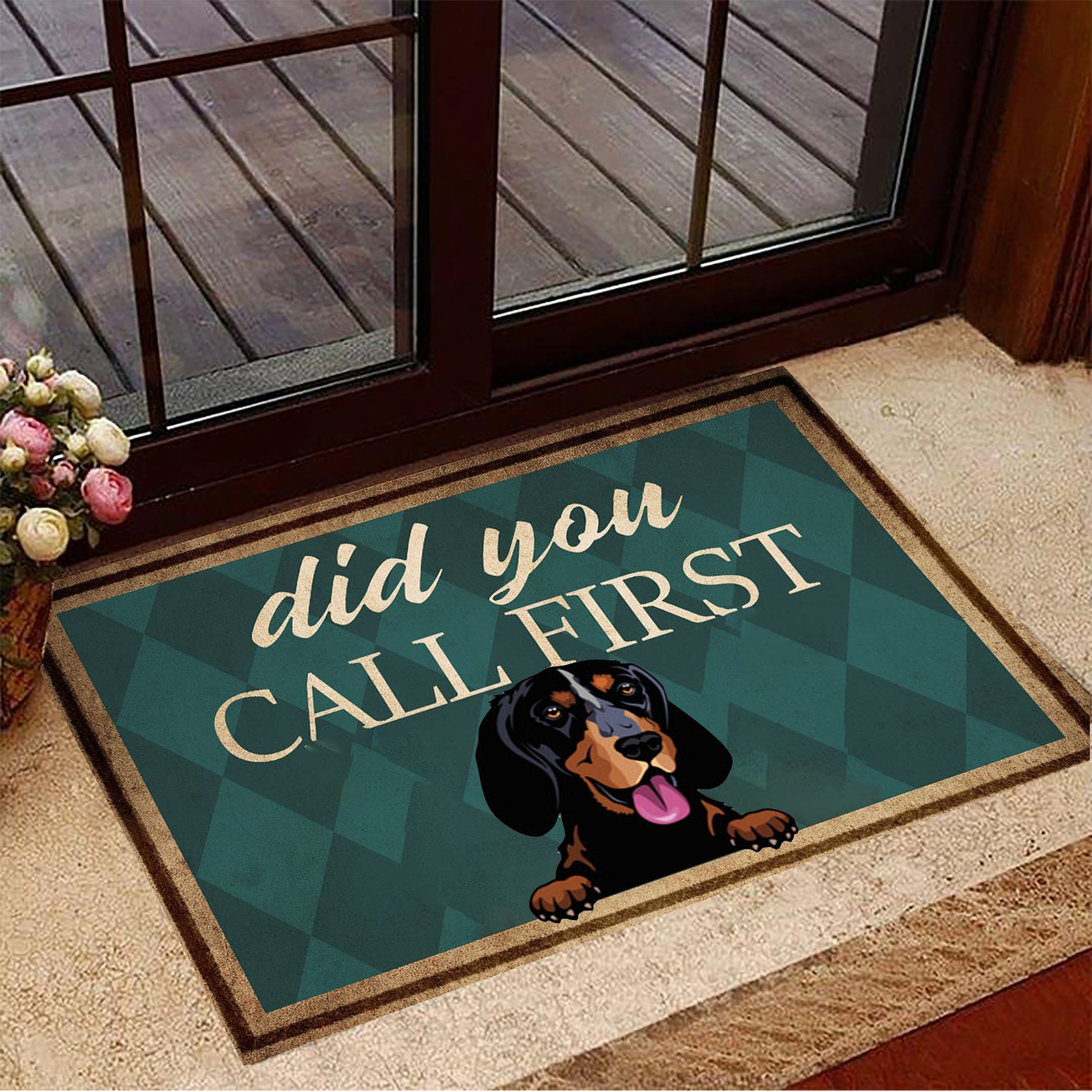 Dachshund Did You Call First Rubber Doormat Humorous Funny Front Door Mat Dachshund Lover