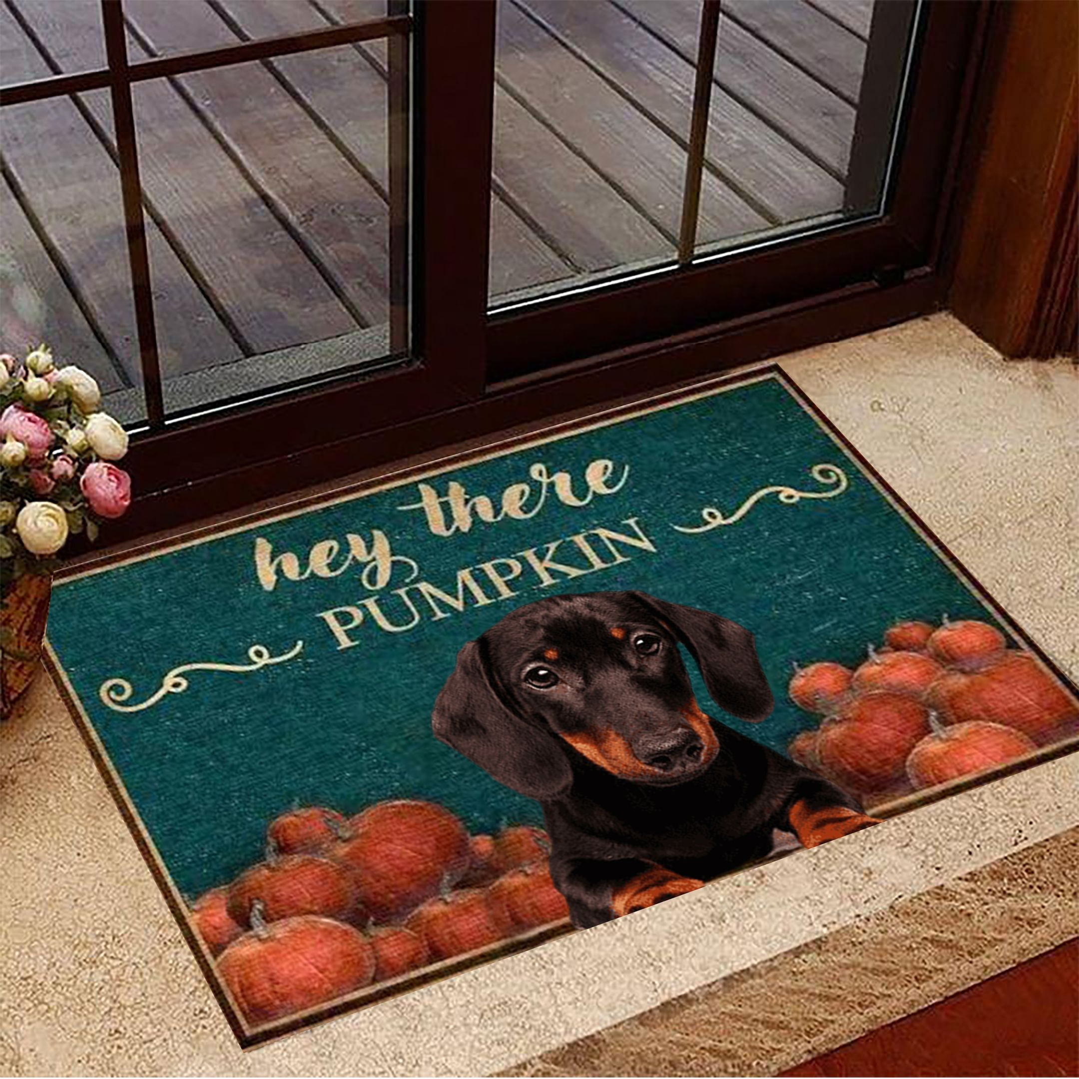 Dachshund Hey There Pumpkin Rubber Doormat Fall Welcome Mat Dog Lover Gifts