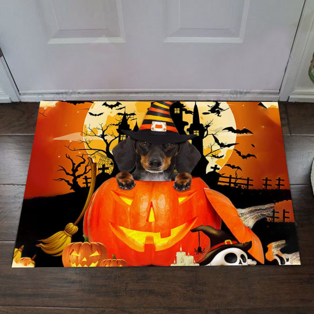 Dachshund Inside Pumpkin Rubber Doormat For Front Door Halloween Mats Dog Owners Gift