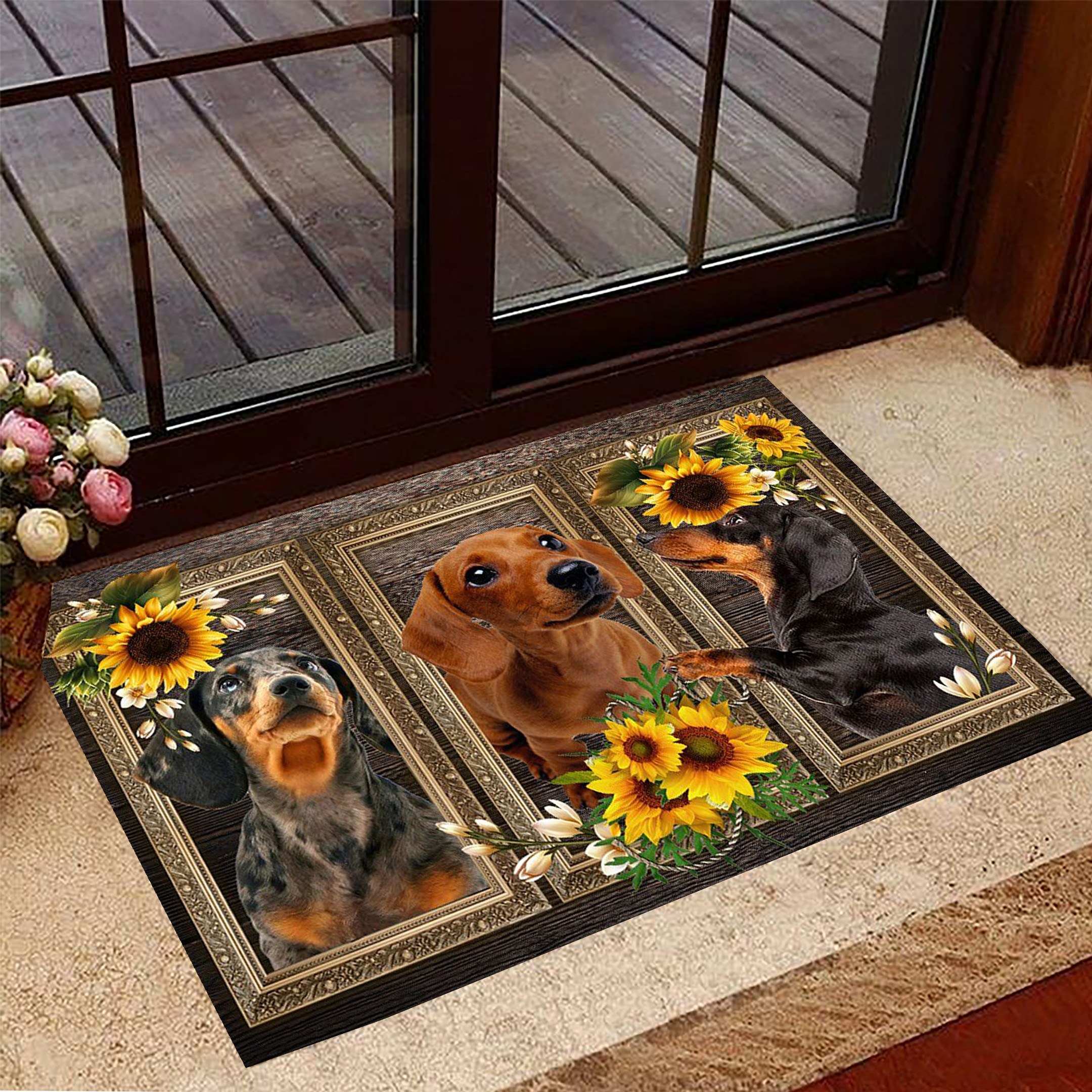 Dachshund Rubber Doormat Sunflower Weiner Dog Rubber Doormat Floor Mat Home Decorative